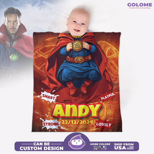 Personalized Baby Blanket – Baby Sorcerer Supreme with Custom Name & Birthdate (Doctor Style)